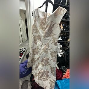 Kay Unger Champagne Tula Floral Metallic Jacquard Cocktail Dress Size 14 *Flawed